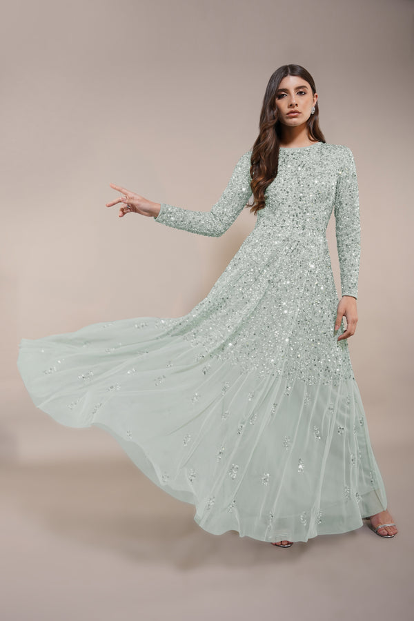 long sleeve embellished dress maxi Virginia Long Sleeve Diamond Embellished Maxi Dress, Black XL