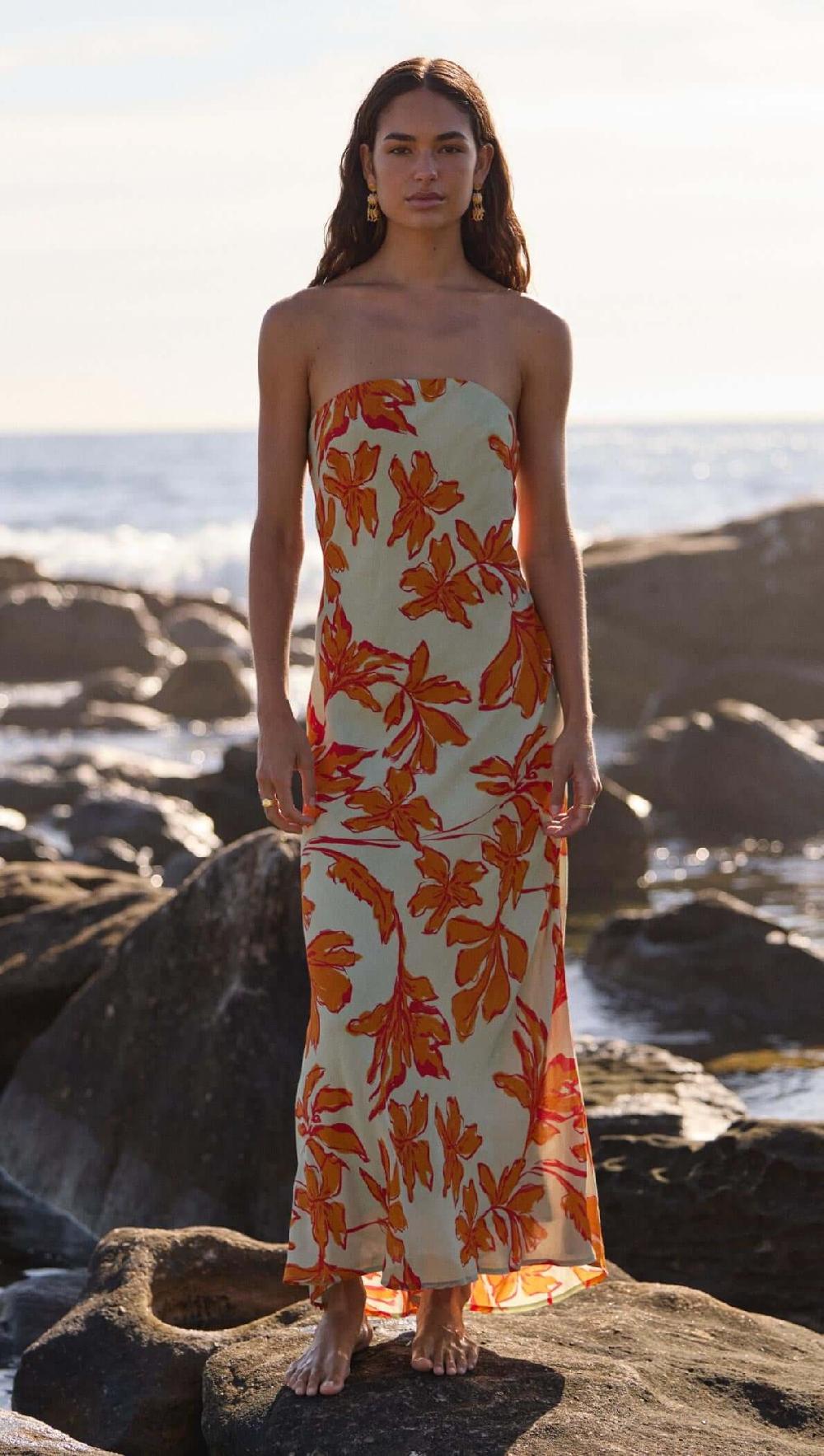 mink pink orange floral dress MINKPINK Estelle Green & Orange Floral Print Keyhole Maxi Dress